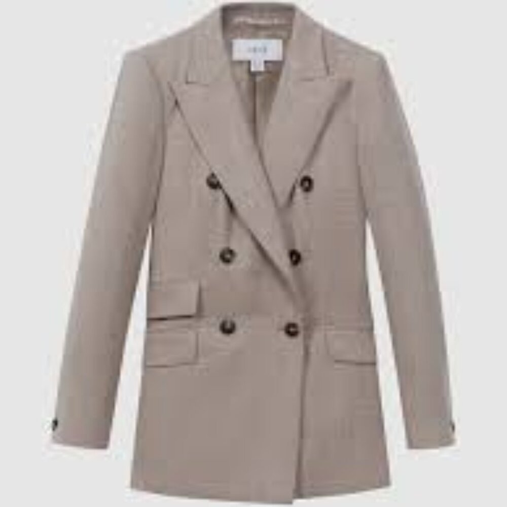 Reiss Hazel Light Grey Wool Double Breasted Suit Blazer In Oatmeal sz 8